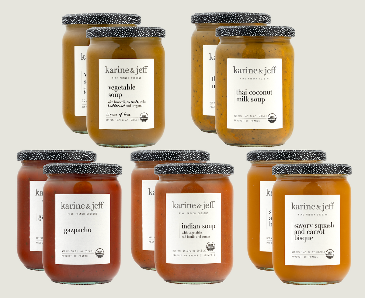 Collage of 10 organic Karine & Jeff soup jars designed for easy weekly lunches, including Savory Squash, Vegetable Soup, Thai Coconut, Gazpacho and Indian Soup.