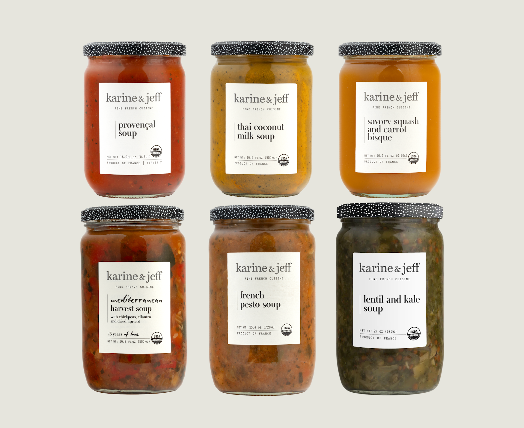 Collage of 6 organic Karine &amp; Jeff soup jars featuring French Pesto, Lentil &amp; Kale, Savory Squash, Mediterranean Harvest, Thai Coconut and Provençal recipes.