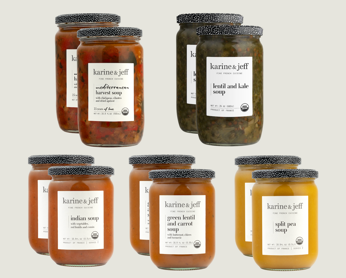 Collage of 9 organic Karine & Jeff soup jars focused on high-protein plant-based recipes with lentils, split peas, chickpeas and vegetables.