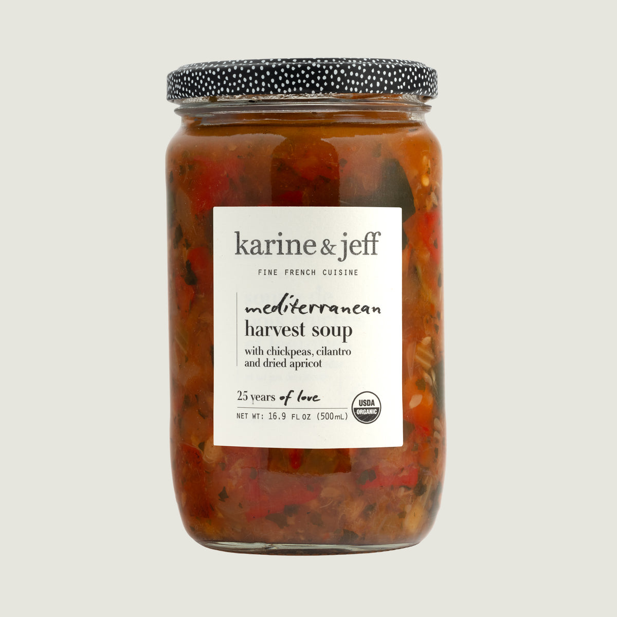 Mediterranean harvest soup with chickpeas, cilantro and dried apricot